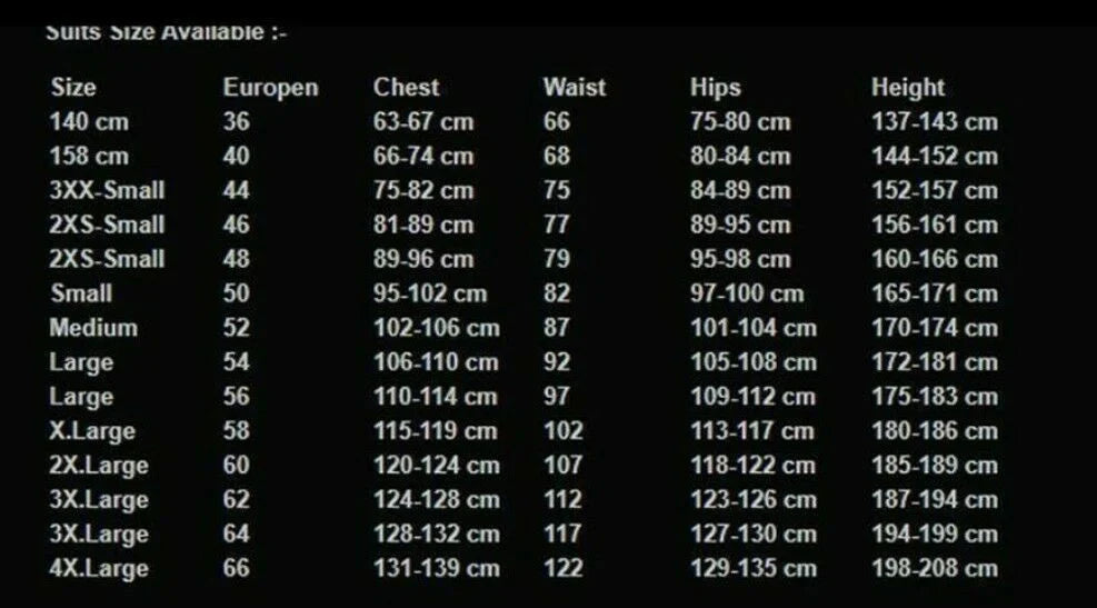 Size chart for suits with measurements in centimeters on a black background