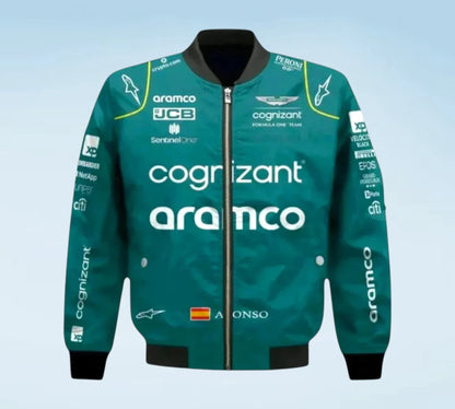 2023 Fernando Alonso Aston Martin Aramco F1 Vintage Team Bomber Jacket | Formula 1 Apparel
