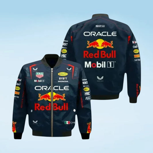 A McLaren Mercedes racing jacket shown from the back, featuring a black, white, and gray color-blocked design with prominent sponsor logos.