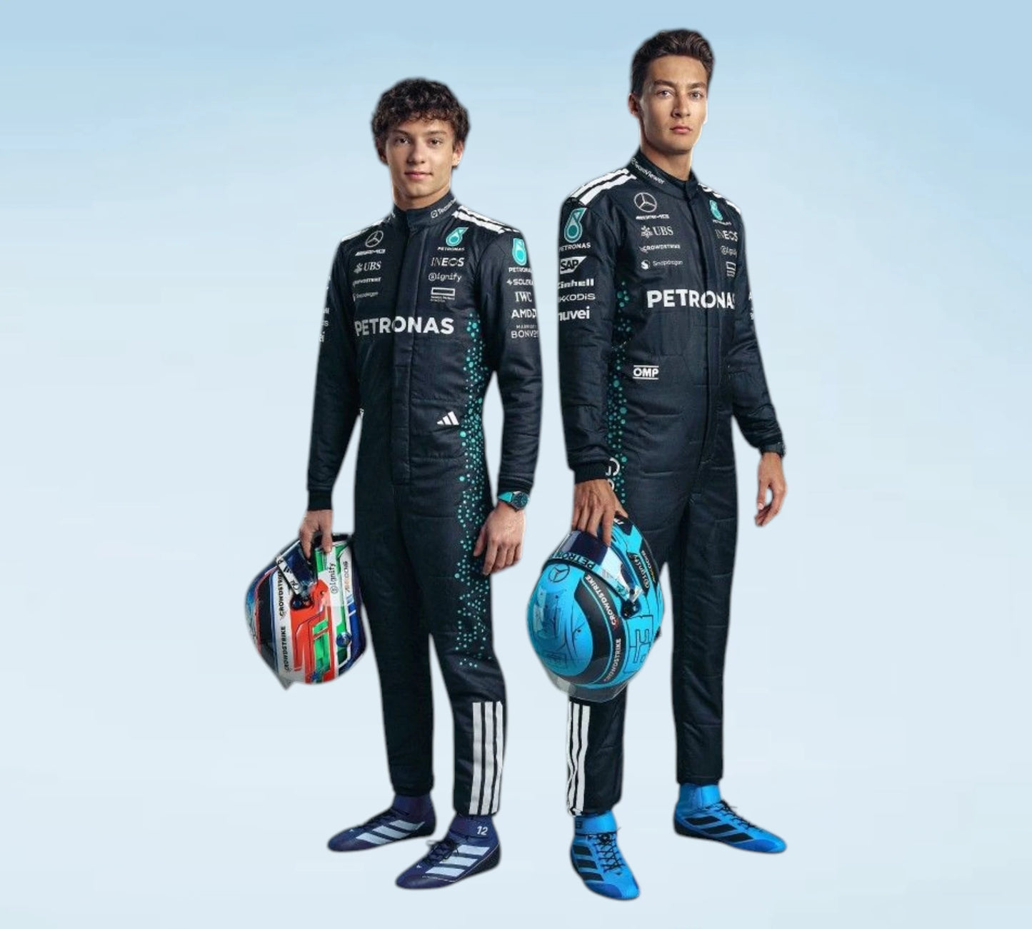 George Russell & Andrea Kimi Antonelli 2025 Mercedes F1 Replica Racing Suit
2025 Mercedes-AMG Petronas Formula 1 Racing Suit – Russell & Antonelli Edition