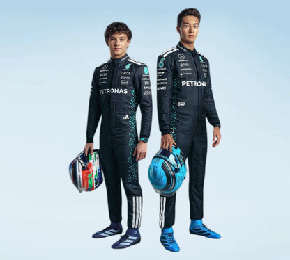 George Russell & Andrea Kimi Antonelli 2025 Mercedes F1 Replica Racing Suit
2025 Mercedes-AMG Petronas Formula 1 Racing Suit – Russell & Antonelli Edition