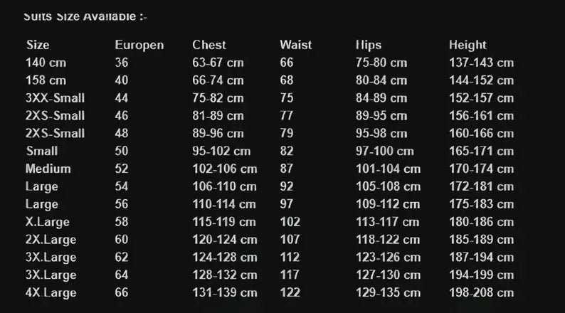 Size chart for suits with measurements in centimeters and inches.
