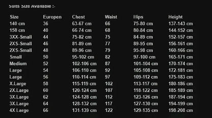 Size chart for suits with measurements in centimeters and inches.