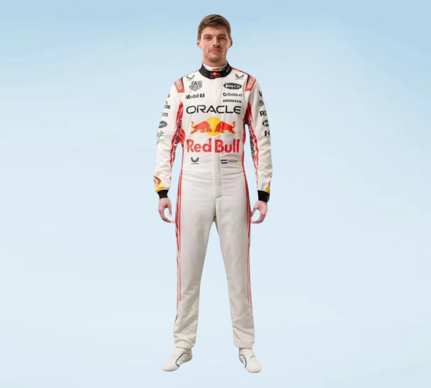 A man wearing a full Oracle Red Bull Racing driver's racing suit stands against a light blue gradient background. The white suit features prominent red and yellow Red Bull and Oracle logos, along with sponsor logos like Castor, Sumo, and BFGoodrich.