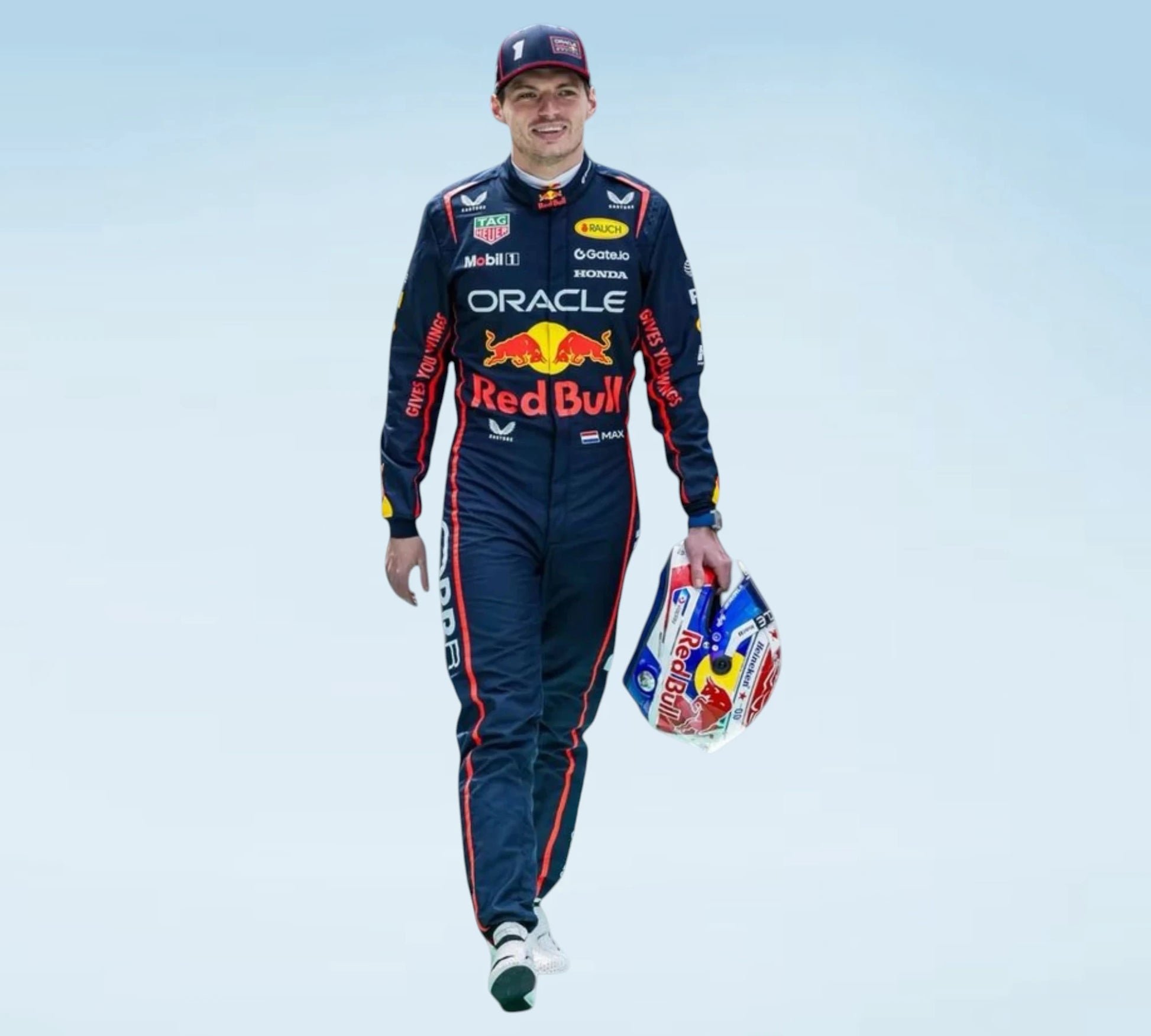 A man in a Red Bull Racing team suit and cap walks while holding a Red Bull helmet against a pale blue background.