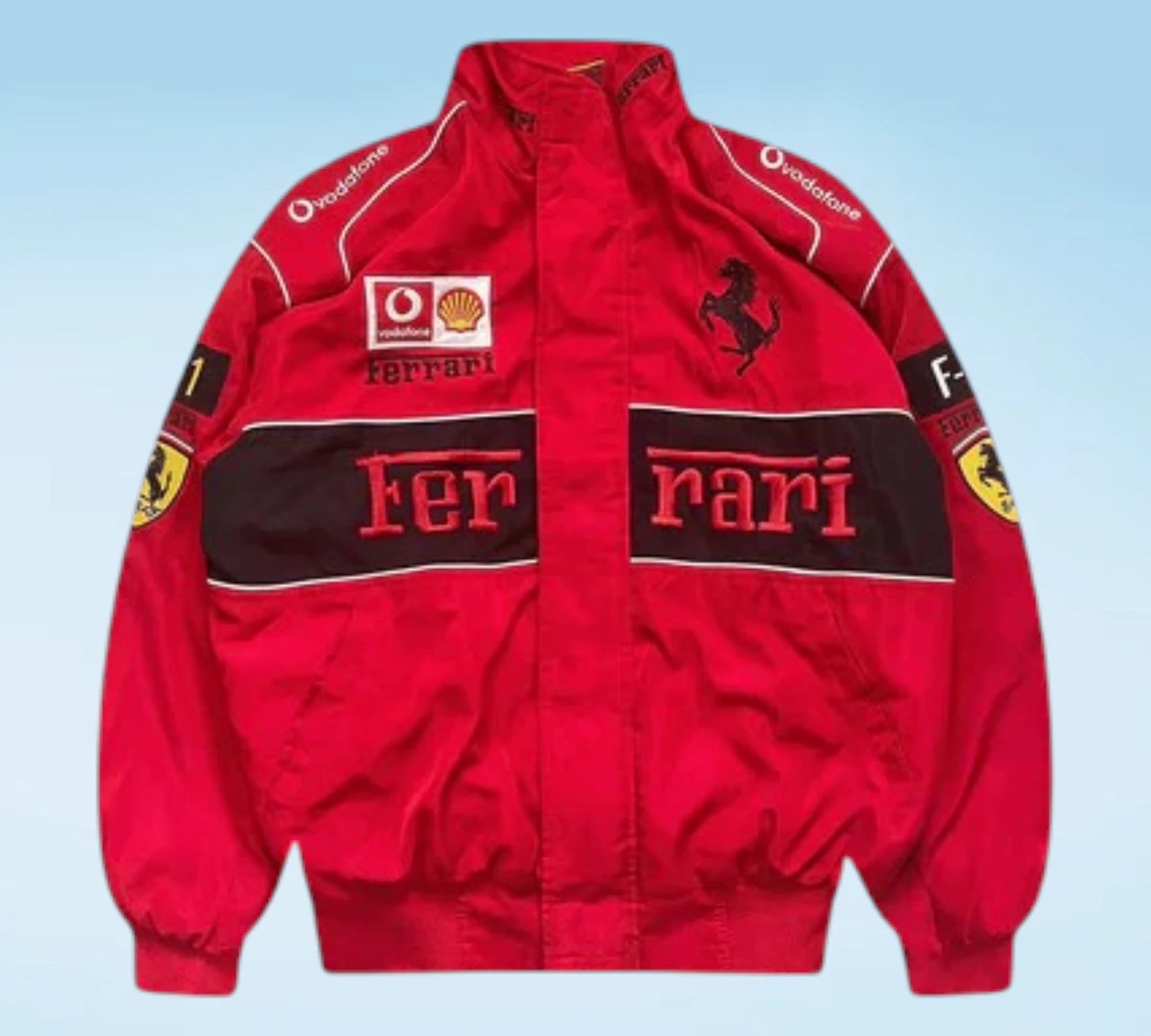 Red Ferrari jacket with branding on a light blue background