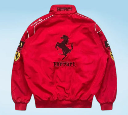 Black Ferrari jacket with red logo on a light blue background