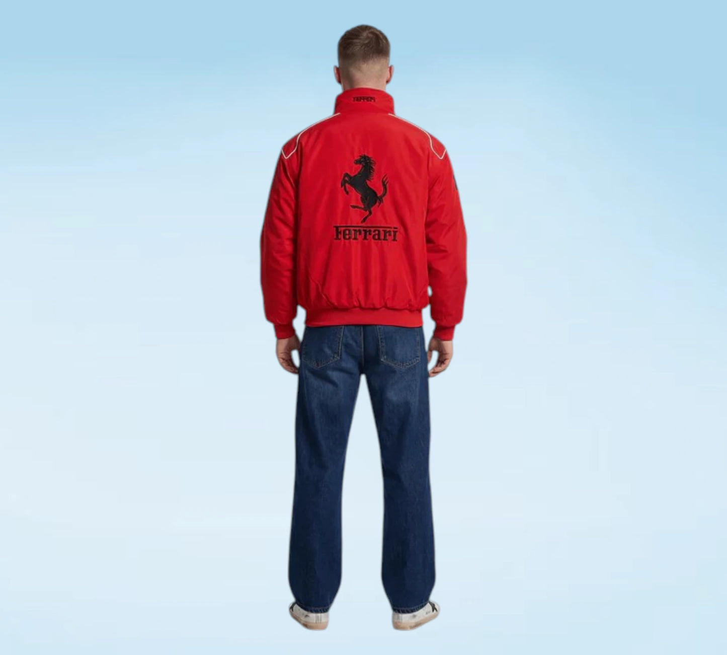 Pink racing jacket with Ferrari and F1 logos on a light blue background
