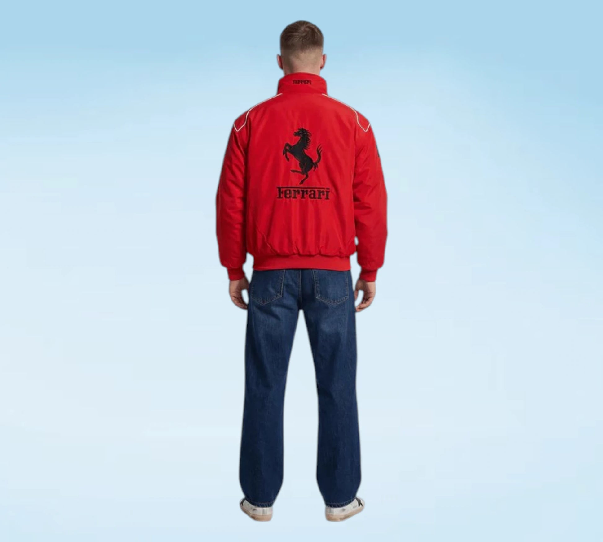 Pink racing jacket with Ferrari and F1 logos on a light blue background