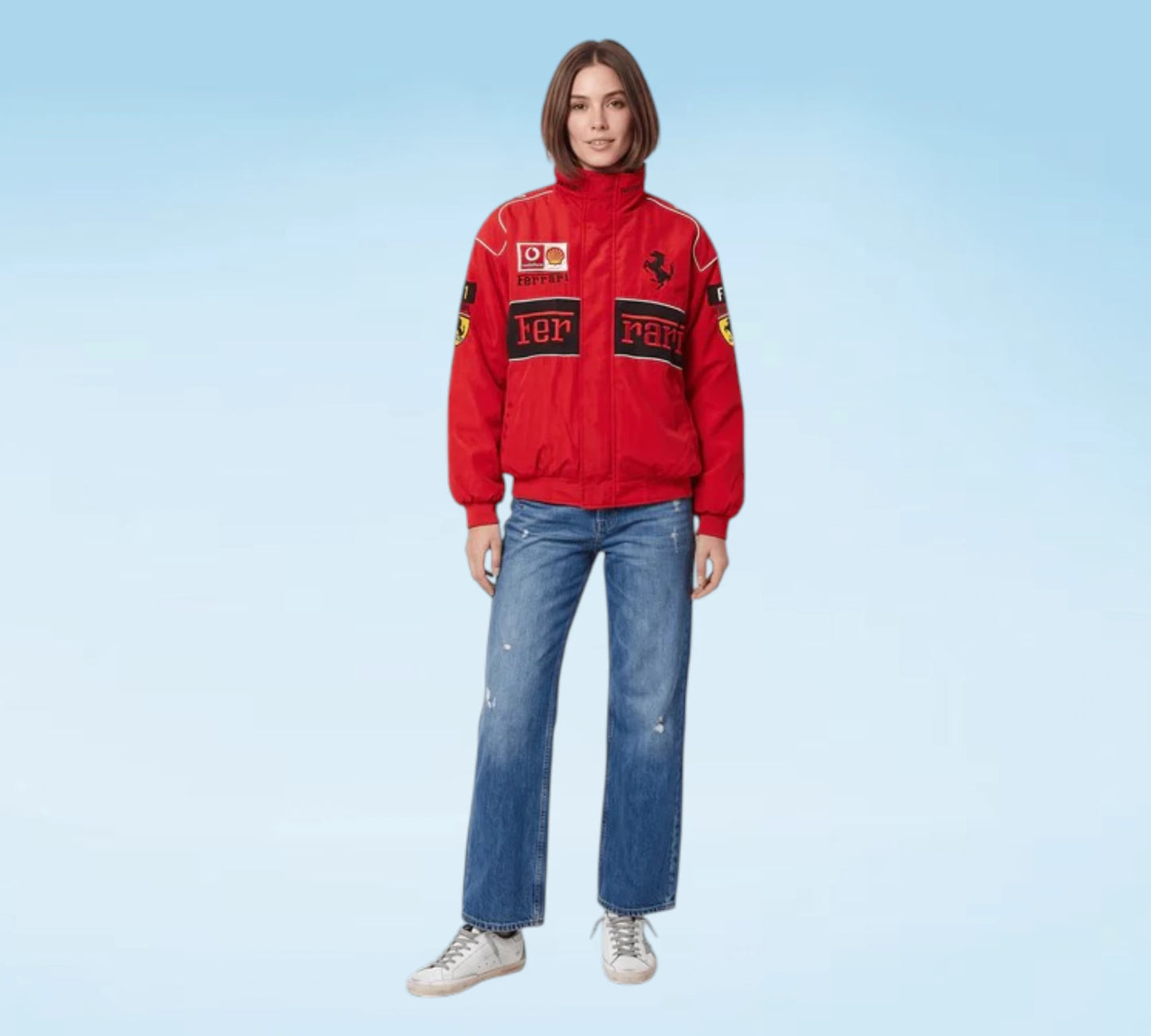 Pink Ferrari jacket with logo on a light blue background