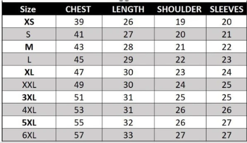 Size chart for clothing with measurements in chest, length, shoulder, and sleeves.