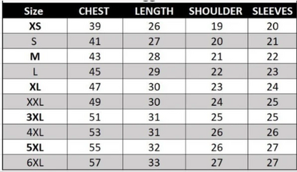 Size chart for clothing with measurements in chest, length, shoulder, and sleeves.