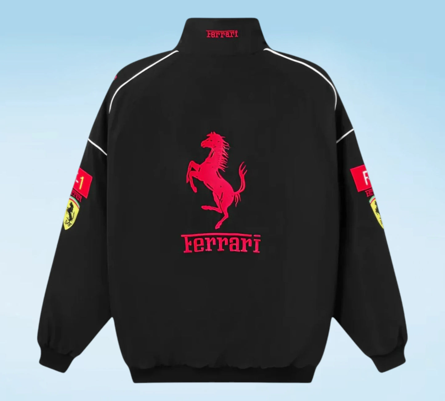 Black Ferrari jacket with red logo on a light blue background