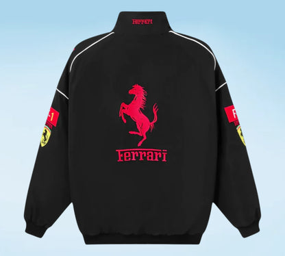 Black Ferrari jacket with red logo on a light blue background