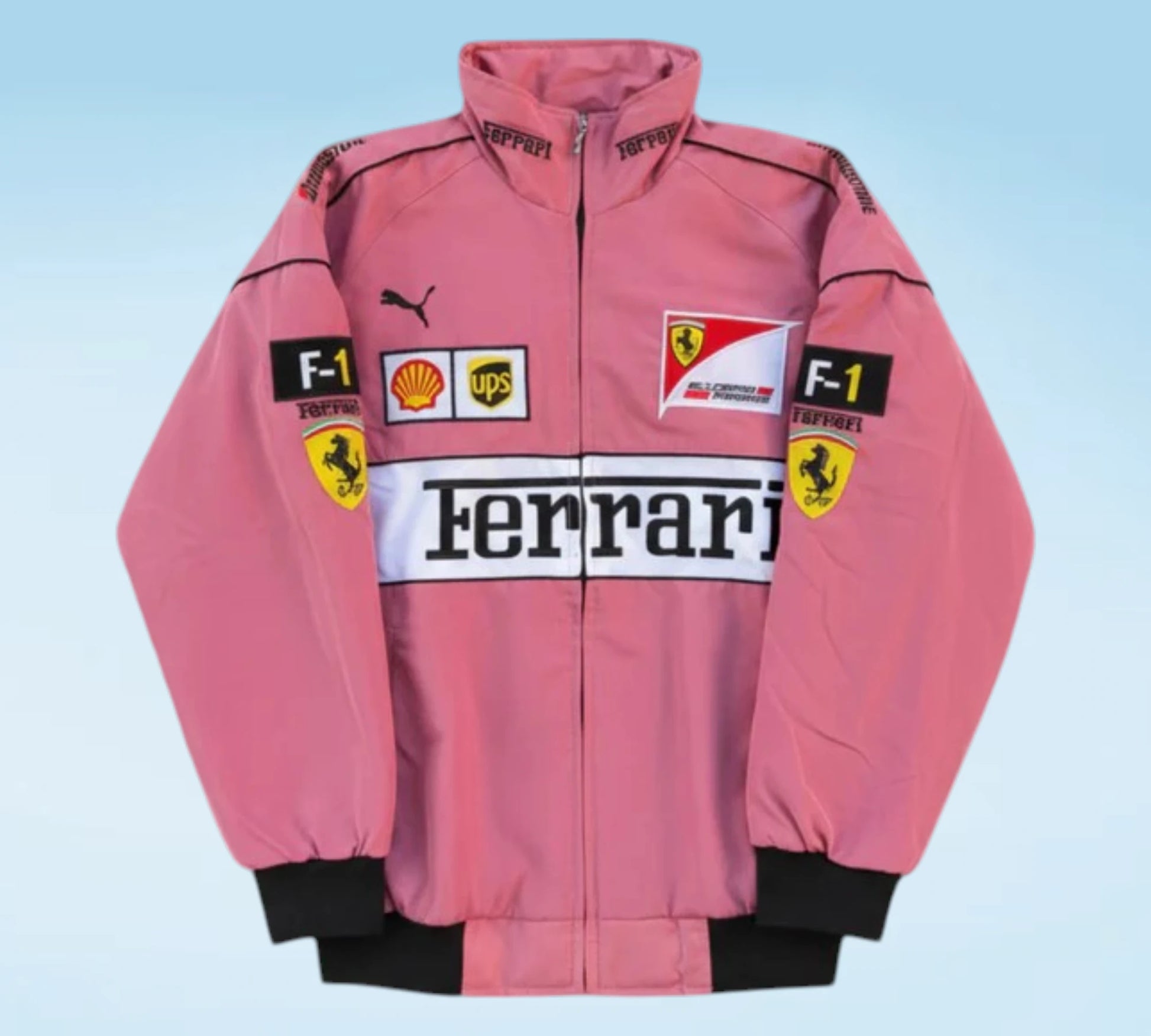 Pink jacket with Ferrari and Puma logos on a light blue background