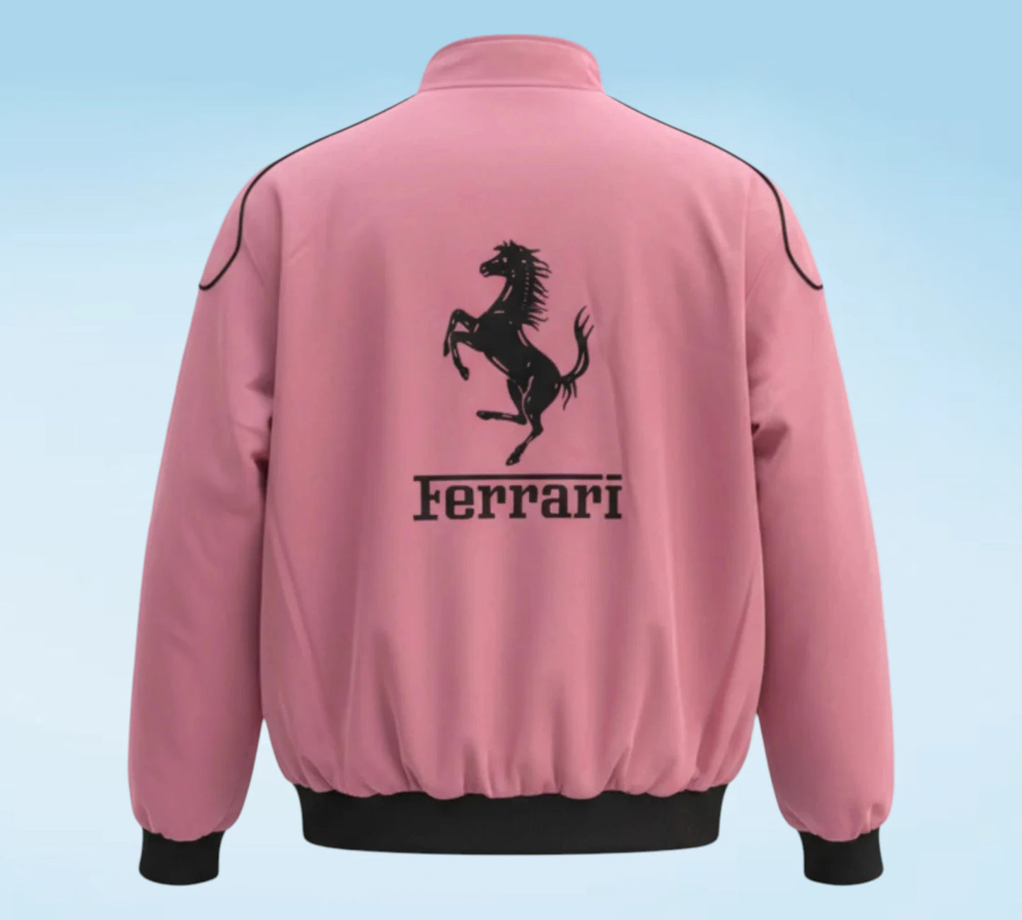 Pink jacket with Ferrari logo on a light blue background