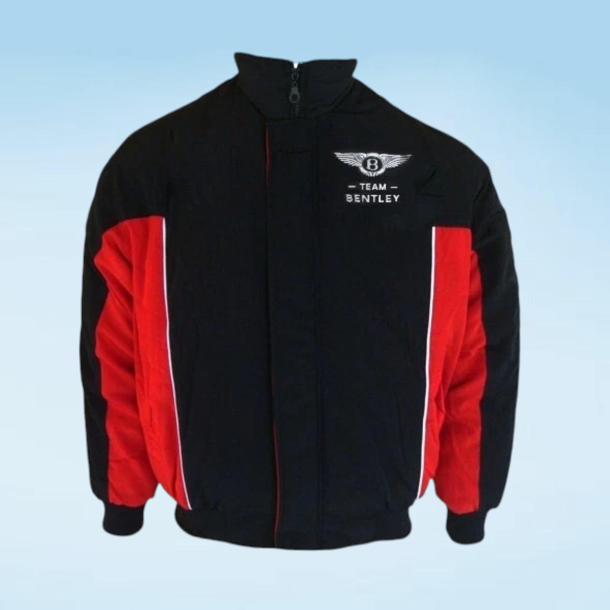 A black zip-up jacket with red side panels and white stripes, featuring a white 'Team Bentley' winged logo on the left chest, shown against a light blue gradient background.