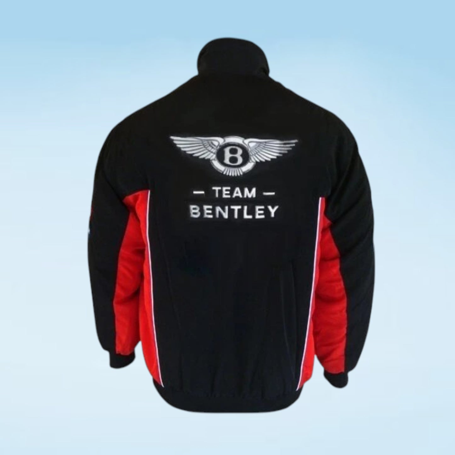 Black and red zip-up jacket shown from the back, featuring a large white embroidered Bentley winged 'B' logo and 'TEAM BENTLEY' text on the upper back.