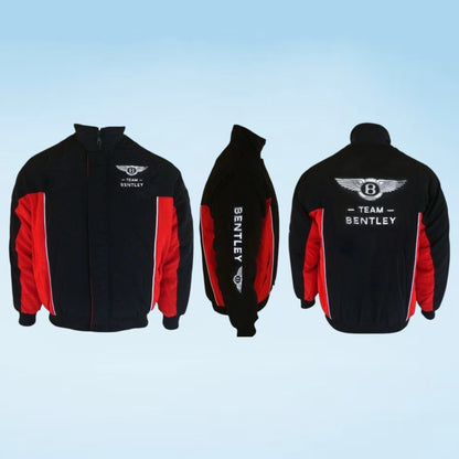 Black and red zip-up track jacket shown from the front, side, and back on a light blue gradient background. The jacket features 'Bentley' and 'Team Bentley' branding with winged 'B' logos on the chest, sleeve, and back.