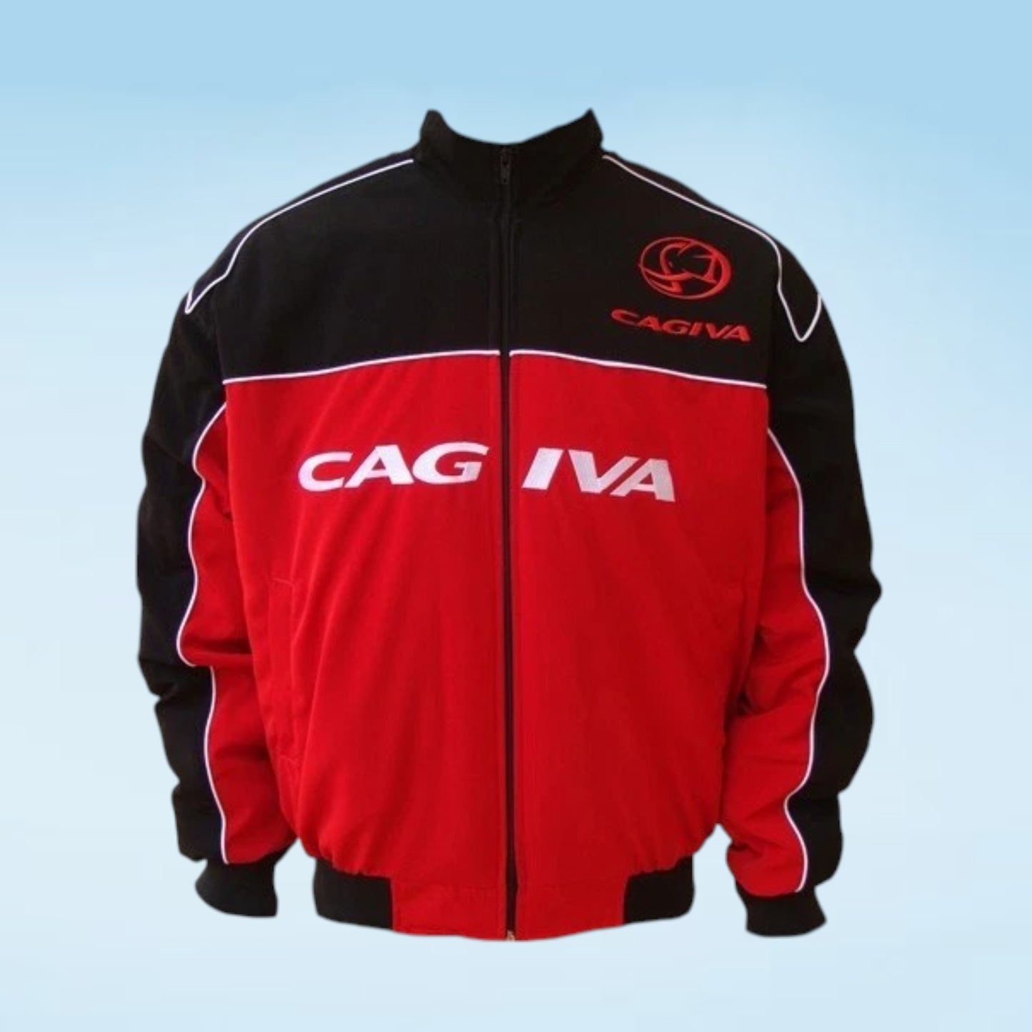 A red and black Cagiva jacket with white piping and white Cagiva branding on the chest, displayed against a light blue gradient background.