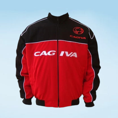 A red and black Cagiva jacket with white piping and white Cagiva branding on the chest, displayed against a light blue gradient background.