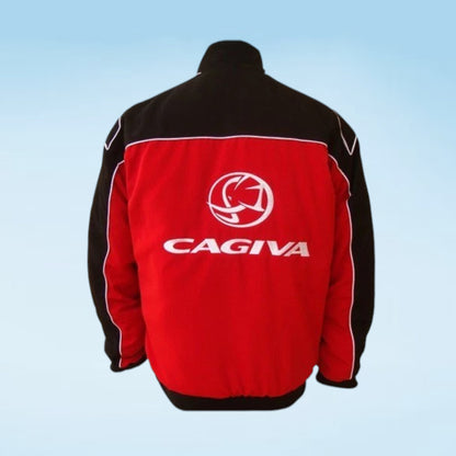 A red and black Cagiva jacket shown from the back, featuring a large white Cagiva logo and text on the back panel, set against a light blue gradient background.