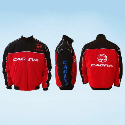 A red and black Cagiva jacket shown from three angles (front, back, and side) against a light blue gradient background. The jacket features the Cagiva logo and name in white and blue.