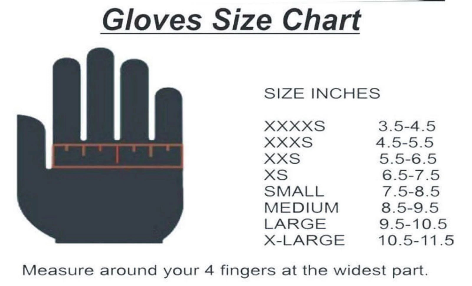 Gloves size chart with hand illustration and measurement details