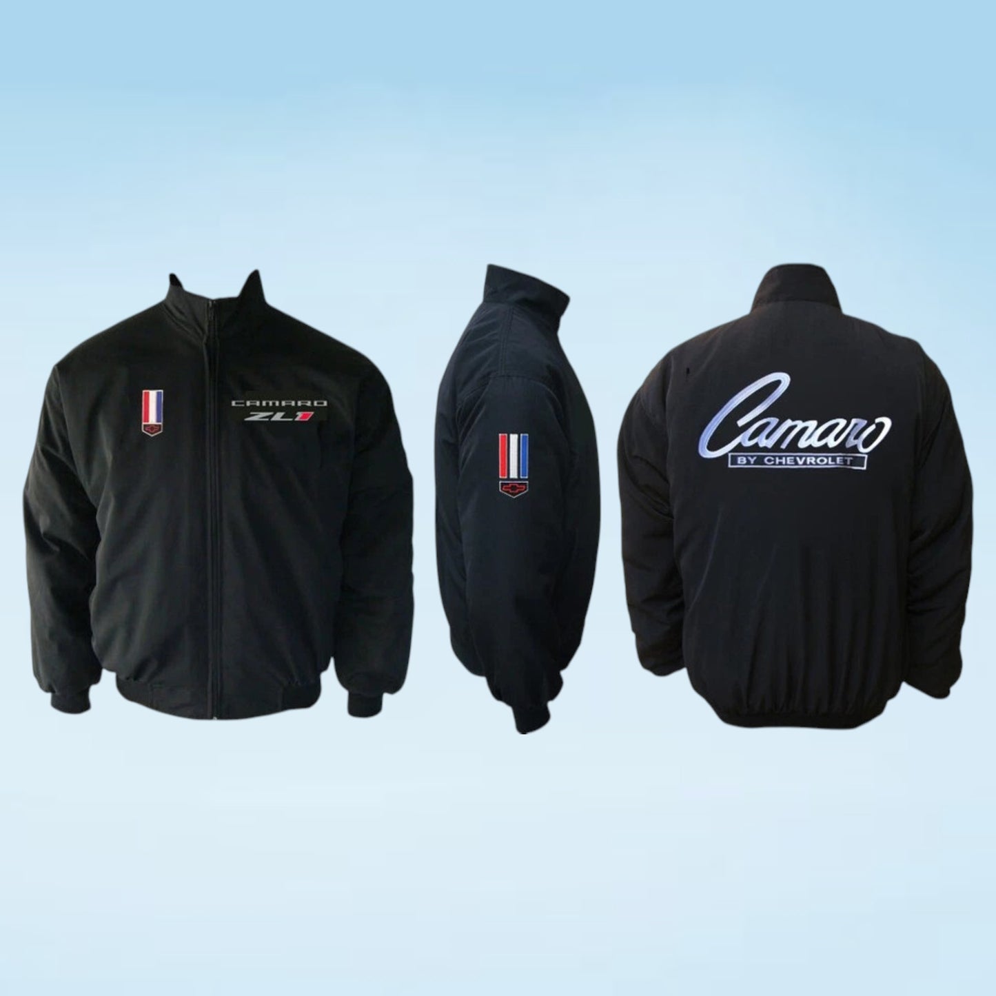 Three views of a black Camaro bomber jacket on a light blue gradient background, showing the front, side, and back with embroidered details.