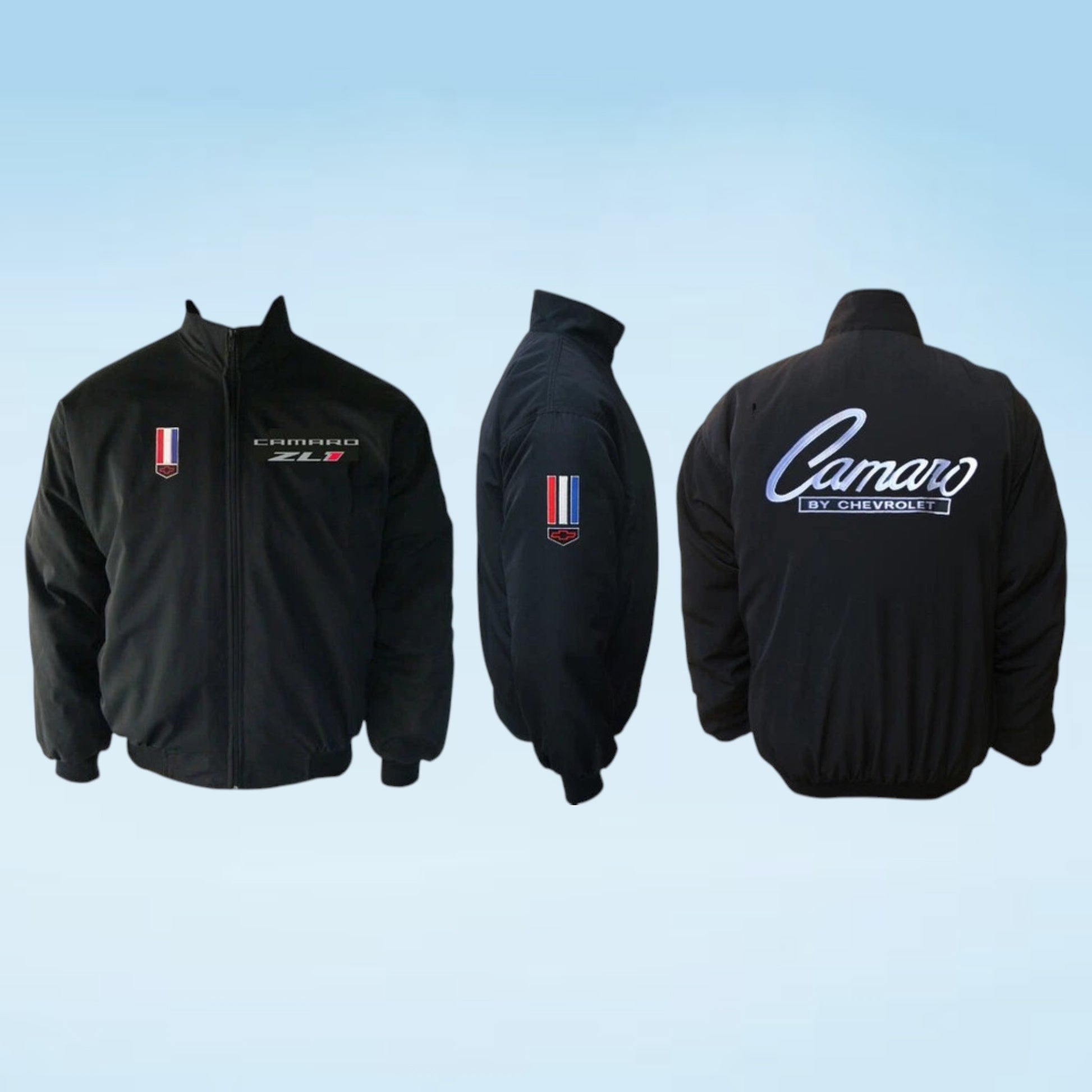 Three views of a black Camaro bomber jacket on a light blue gradient background, showing the front, side, and back with embroidered details.