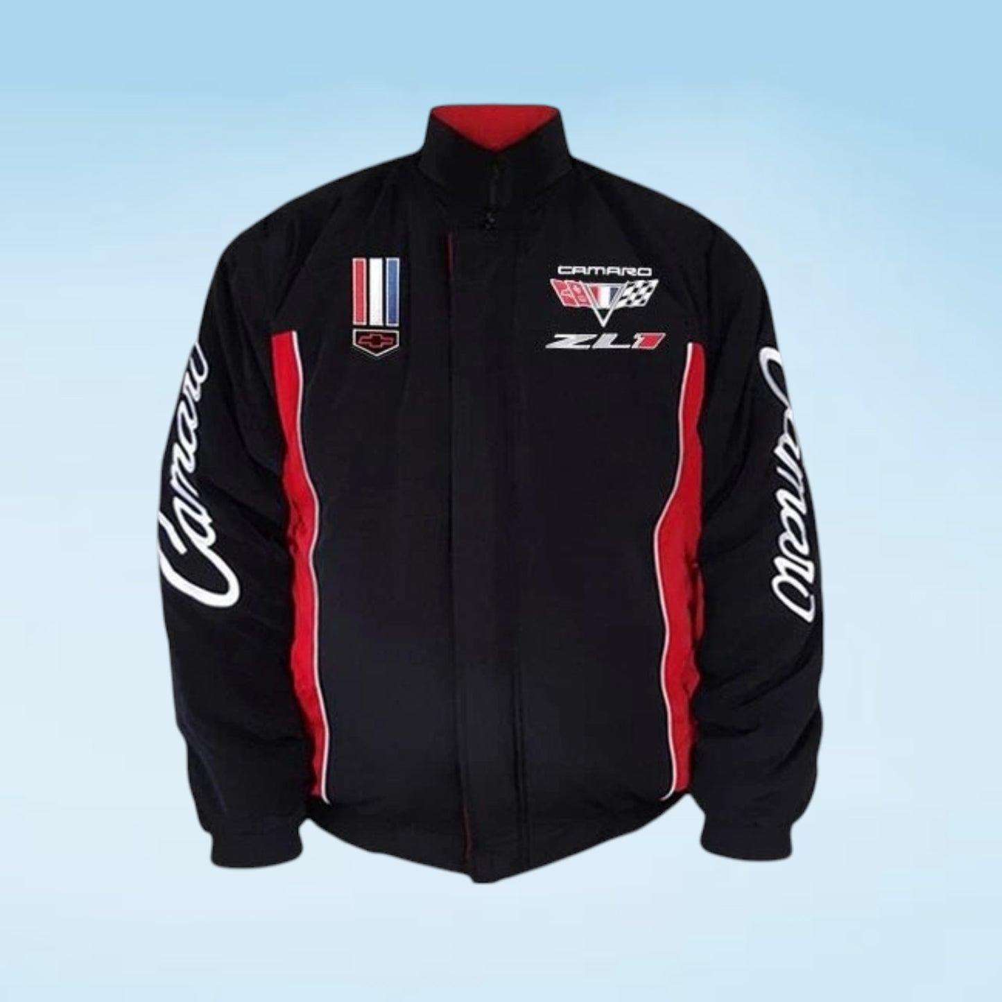 A black zip-up racing jacket with red side panels, white script lettering on the sleeves, and racing team logos on the chest, displayed against a light blue gradient background.