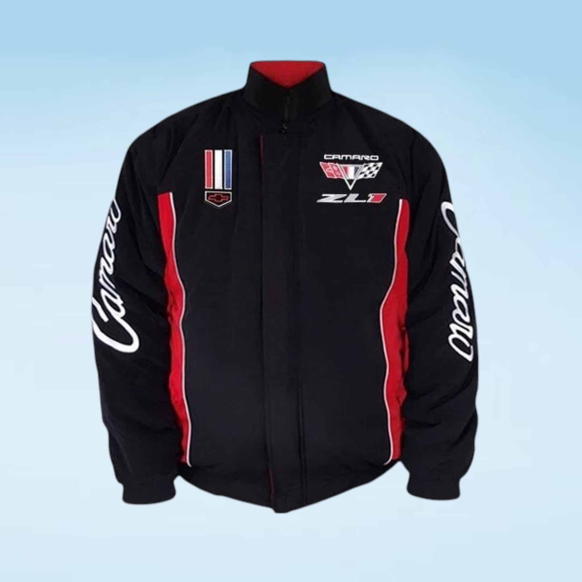 A black zip-up racing jacket with red side panels, white script lettering on the sleeves, and racing team logos on the chest, displayed against a light blue gradient background.