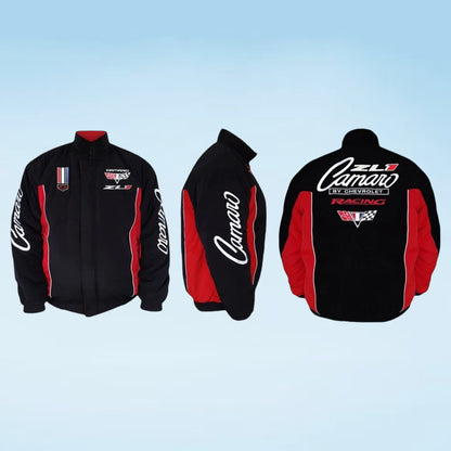 A black and red racing jacket shown from three angles (front, side, and back) on a light blue gradient background. The jacket features 'Camaro ZL1 Racing' graphics, 'Camaro' script on the sleeves, and a Corvette emblem.