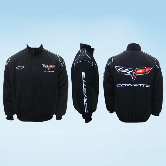 Black Corvette racing jacket shown from the front, back, and side views on a light blue gradient background. The jacket features white Corvette and Chevrolet logos, with white piping details.