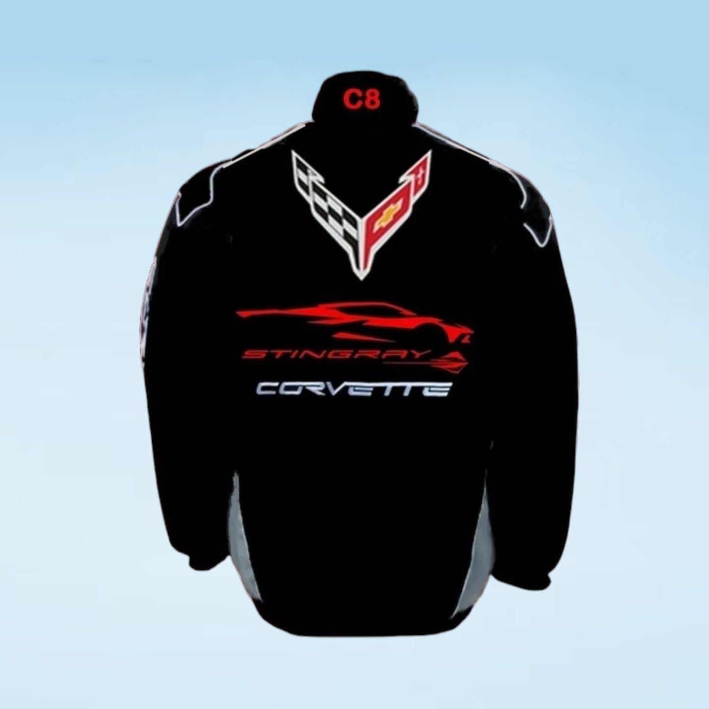 Black Corvette C8 Stingray racing jacket shown from the back, featuring a large red and white Stingray logo and Corvette branding on a light blue gradient background.
