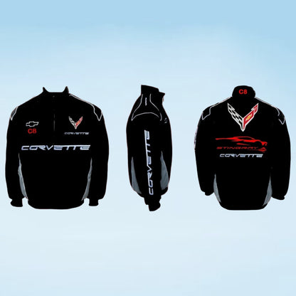Three views of a black Corvette jacket on a light blue gradient background, showing the front, side, and back with Corvette branding and logos.