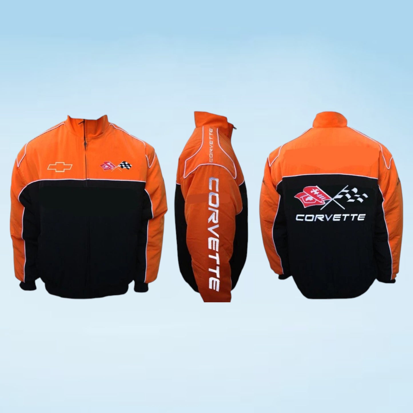 Three views of an orange and black Corvette racing jacket shown on a light blue gradient background. The views show the front, back, and side of the jacket, featuring the Corvette logo and checkered flags.