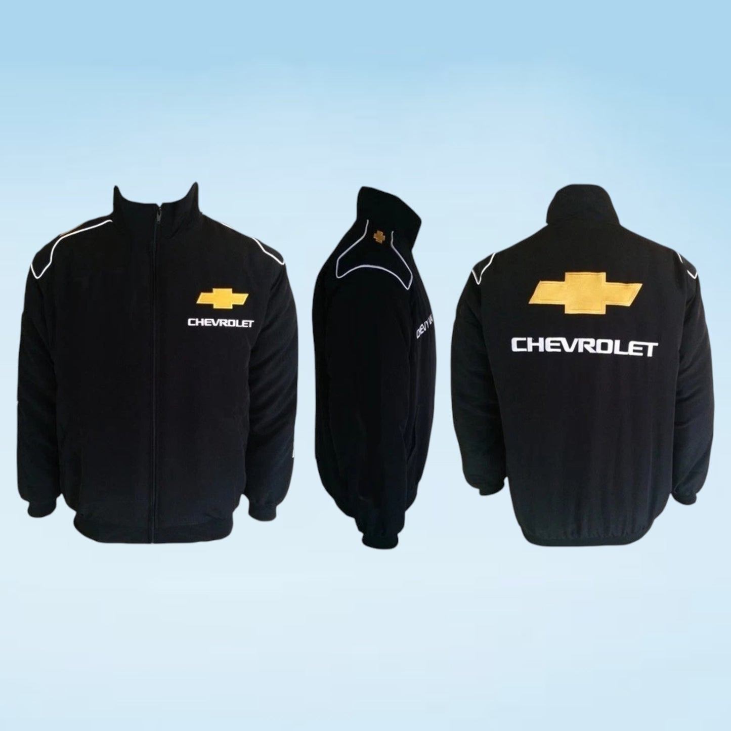 A black zip-up jacket shown from three angles: front, side, and back. The jacket features a gold Chevrolet bowtie logo and white 'CHEVROLET' text on the front chest, white piping on the shoulders, and a large gold bowtie with white 'CHEVROLET' text on the back.