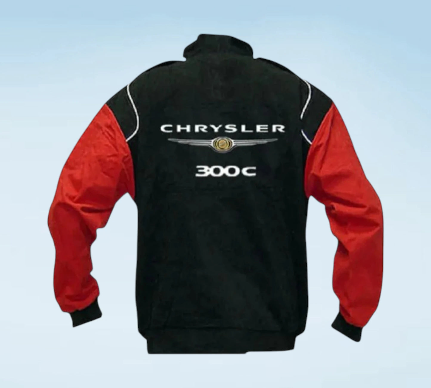 A black and red Chrysler 300C jacket shown from the back, featuring white lettering and a silver wing emblem on a light blue gradient background.
