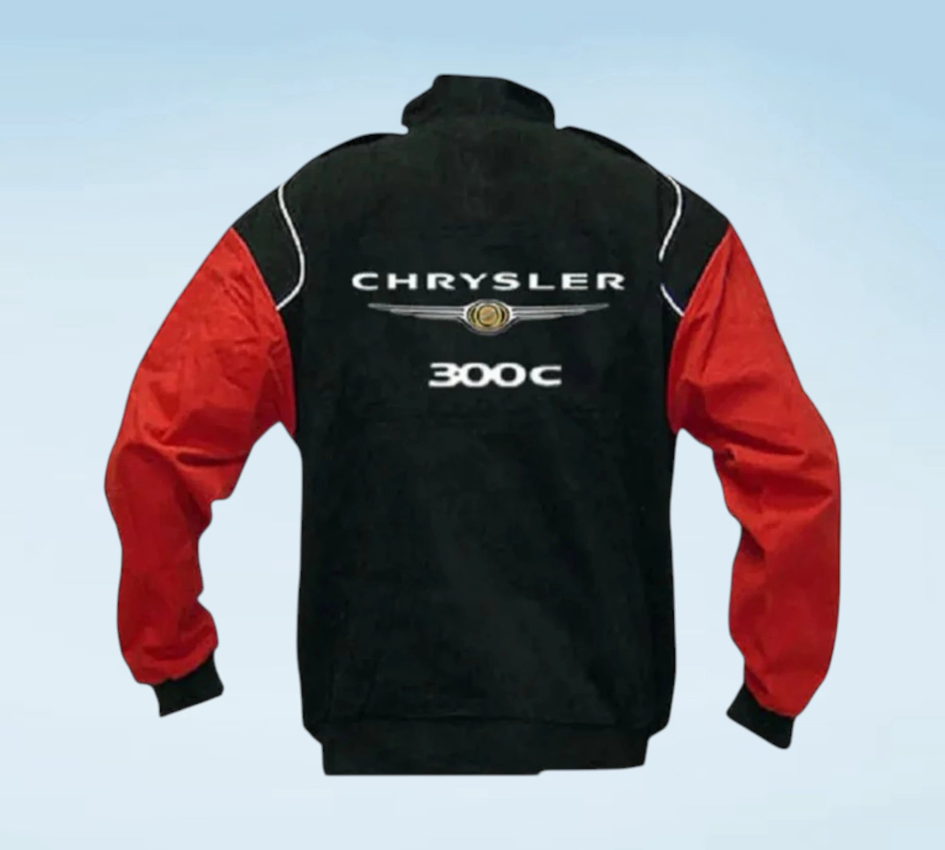 A black and red Chrysler 300C jacket shown from the back, featuring white lettering and a silver wing emblem on a light blue gradient background.