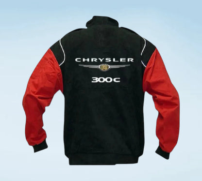 A black and red Chrysler 300C jacket shown from the back, featuring white lettering and a silver wing emblem on a light blue gradient background.