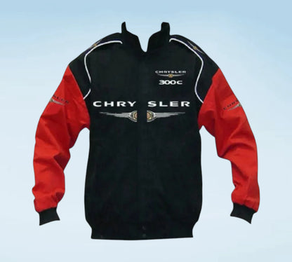 A black and red Chrysler 300C jacket with white piping and prominent white 'CHRYSLER' text on the front, shown against a light blue gradient background.