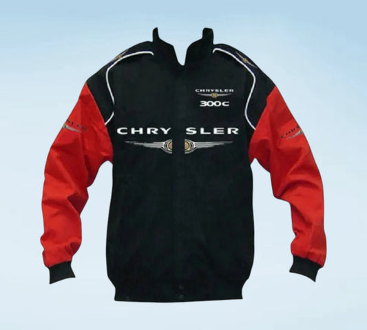 A black and red Chrysler 300C jacket with white piping and prominent white 'CHRYSLER' text on the front, shown against a light blue gradient background.