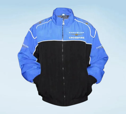 A blue and black windbreaker jacket with white piping and 'Chrysler Crossfire' branding on the chest, displayed against a light blue gradient background.