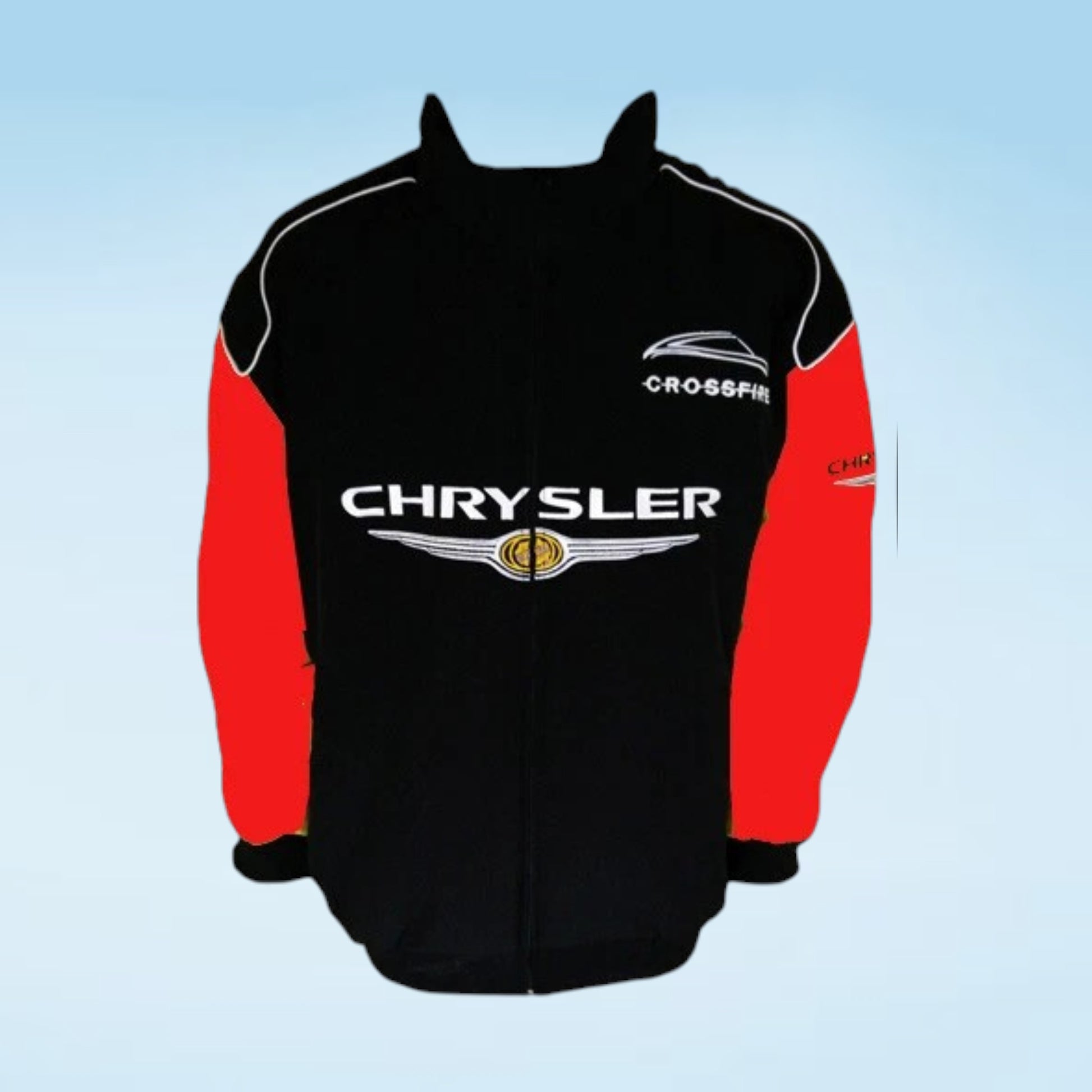 A black and red long-sleeve jacket with white and gold graphics, featuring the 'CHRYSLER' wing logo on the chest and 'CROSSFIRE' on the right chest, set against a light blue gradient background.
