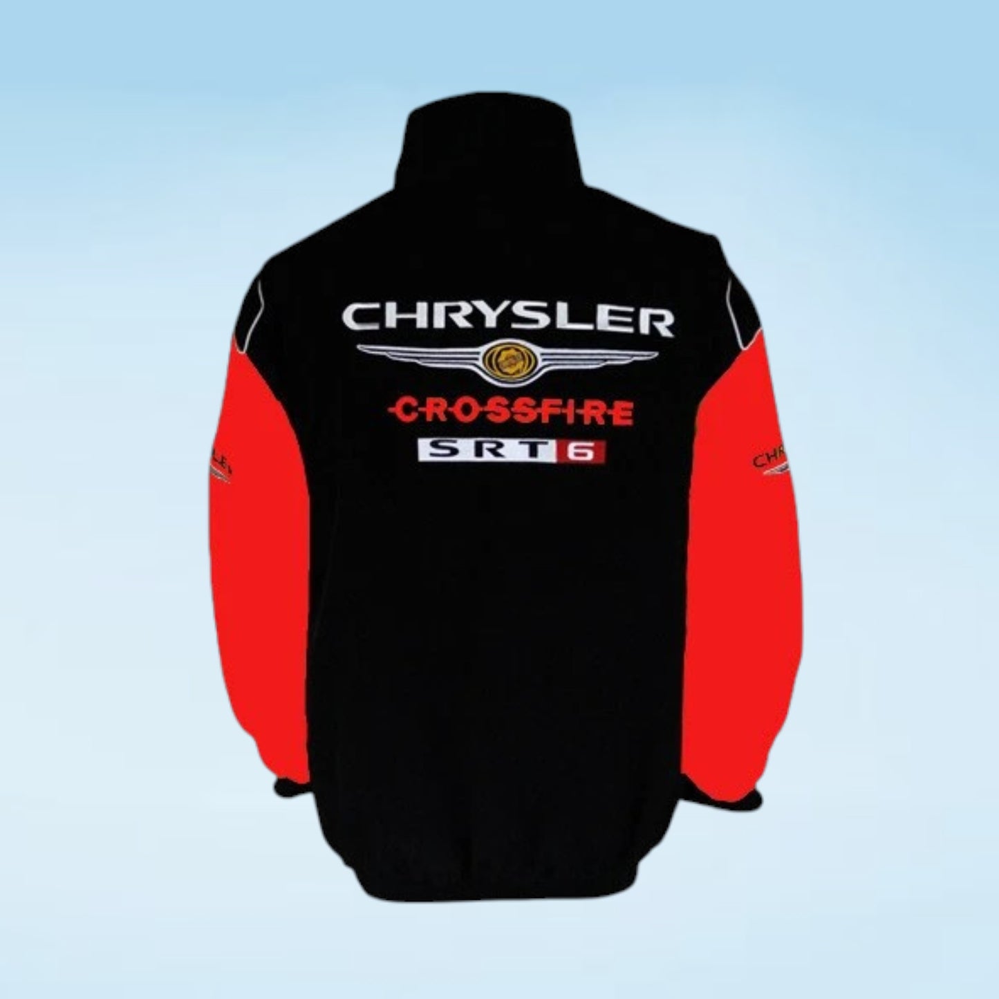 A black and red Chrysler Crossfire SRT-6 jacket shown from the back, featuring a large white and red logo on the back and a small logo on the sleeve, set against a light blue gradient background.