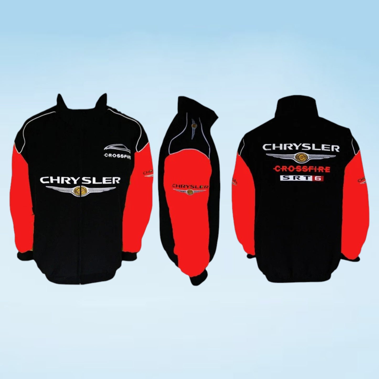 A black and red racing jacket shown from the front, back, and side views on a light blue gradient background. The jacket features 'CHRYSLER' and 'CROSSFIRE' logos with a gold winged emblem.