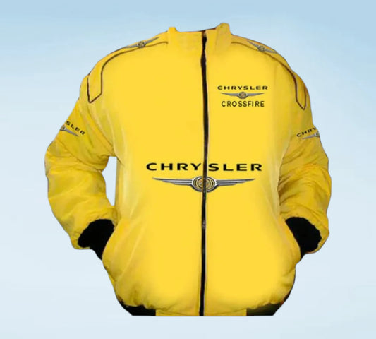 A blue and black windbreaker jacket with white piping and 'Chrysler Crossfire' branding on the chest, displayed against a light blue gradient background.