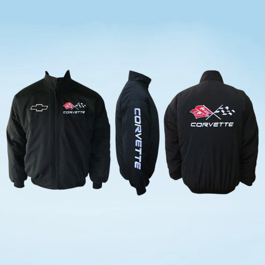 Three views of a black Corvette zip-up jacket on a light blue gradient background, showing the front, side, and back with Corvette logos and graphics.