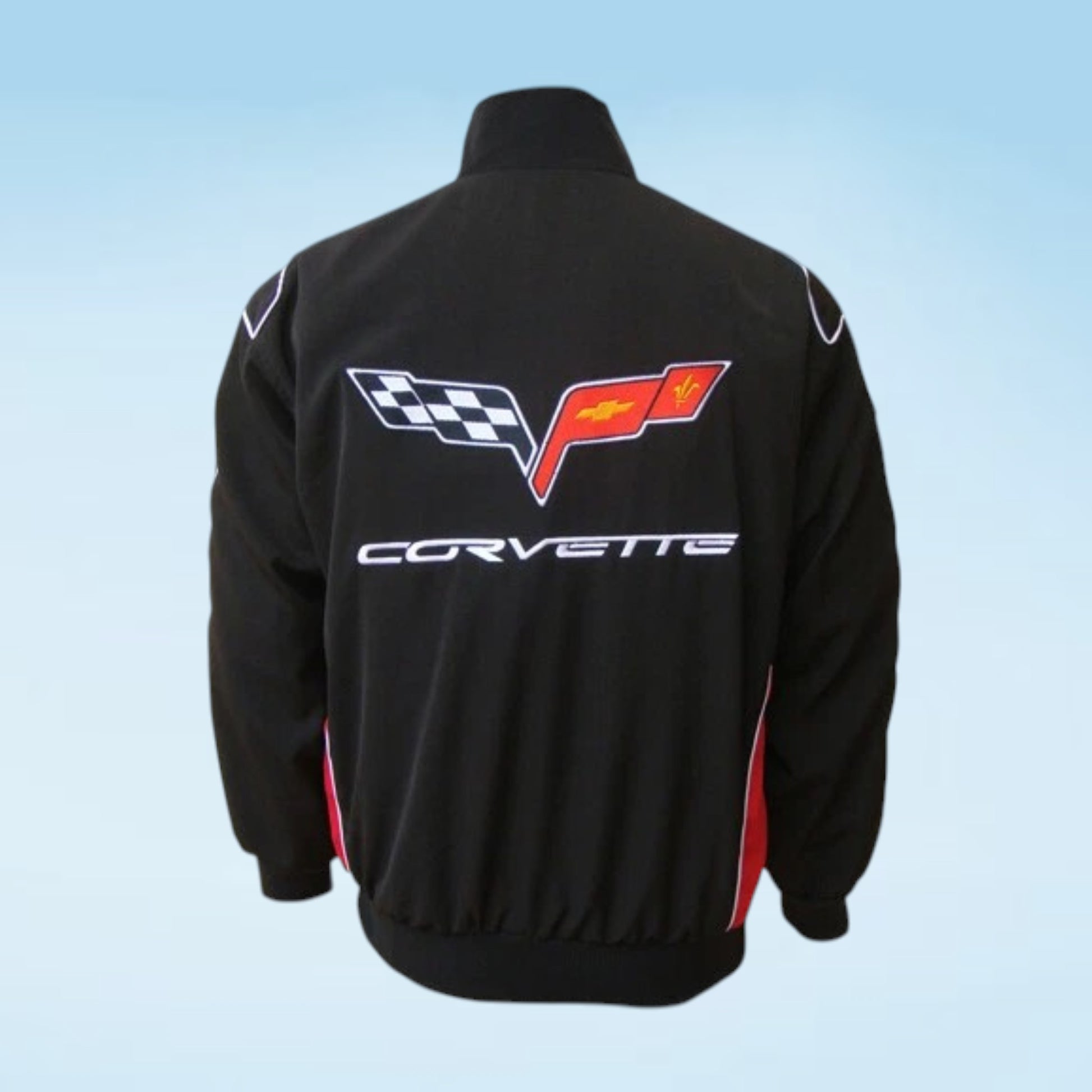 Black Corvette jacket shown from the back, featuring the Corvette logo in red, white, and black, and the word 'CORVETTE' in white across the lower back.